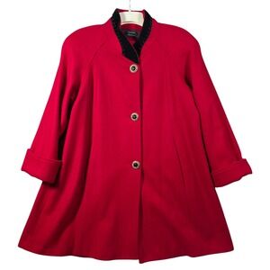 Stephanie Mathews Red Wool Swing Coat Vellvet Trim VTG USA Size 8 Medium